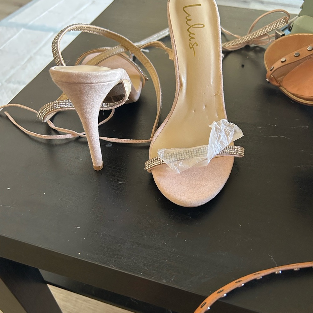 Lulu's Blush Satin Rhinestone Ankle-Tie Stilettos